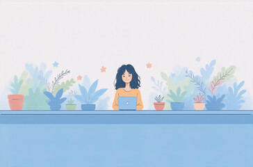 Poster - A serene avatar of a woman works on her laptop amidst a vibrant array of potted plants.  A peaceful and productive workspace.