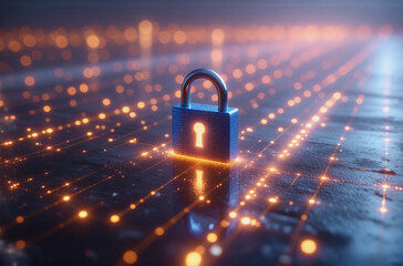Poster - Glowing blue padlock rests on a dark surface illuminated by orange digital pathways, symbolizing cybersecurity and data protection.