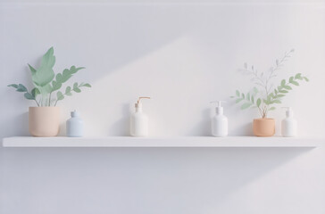 Poster - Clean, minimalist shelf with pastel-colored soap dispensers and potted plants.  A calming, serene avatar-like image.