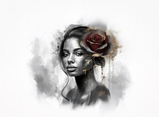 Aufkleber - A woman with a striking presence, adorned with a large rose, its petals accented with gold. The portrait is rendered in shades of gray and white.