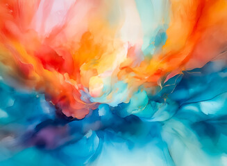 Poster - Abstract artwork with flowing, blurred forms blending vibrant colors. A warm, fiery core expands outward into cooler, watery hues. Hints of ethereal textures and gentle movement suggest an organic, dr