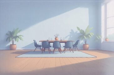 Poster - Sunlit dining room, minimalist design, avatar-like serenity.  A wooden table with blue chairs sits on a rug, flanked by potted plants.