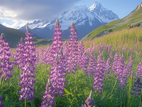Lupine Paradise: A Scenic Vista of Blooming Lupines against a Backdrop of Majestic Snow-Capped Mountains and Verdant Alpine Meadows at Sunrise.