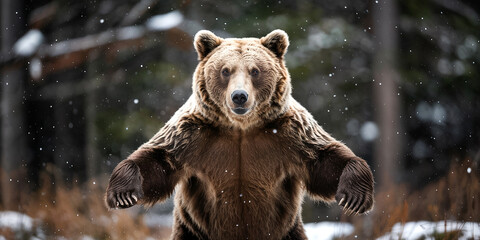 brown bear standing in snow forest wildlife animal predator nature wild mammal grizzly bear winter s