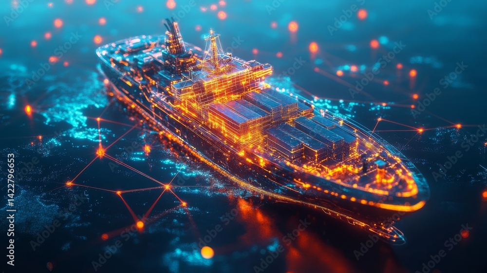 104.A futuristic cargo ship overlaid with glowing digital connections ...