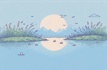 Poster - Serene landscape avatar: calm lake reflecting a large sun,  small islands with tall grasses, distant mountains, and birds in flight.  A peaceful and idyllic scene.