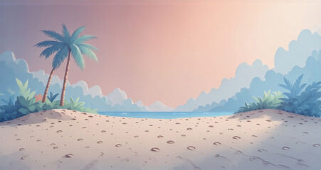 Poster - Serene beach scene at dawn.  Pastel colored sky, calm ocean, sandy shore, and lush tropical vegetation frame the view.  Two palm trees stand tall on the dune.