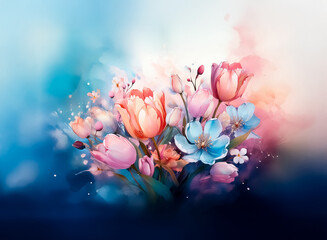 Aufkleber - A vibrant watercolor bouquet bursts with colorful, blooming flora. Hints of coral, pink, and blue meld with soft light creating an ethereal and natural atmosphere. Hints of delicate buds are visible.
