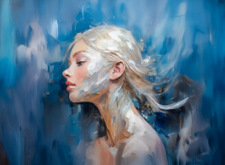 Aufkleber - A serene artwork showcases a woman with blonde hair, and subtle makeup, set against shades of blue hues. The soft brushstrokes evoke a sense of ethereal beauty and flowing movement.