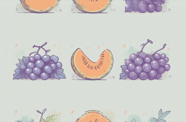 Poster - A charming illustration features various fruit slices and bunches as cute avatars.  Simple line art style with pastel colors creates a soft, appealing aesthetic.
