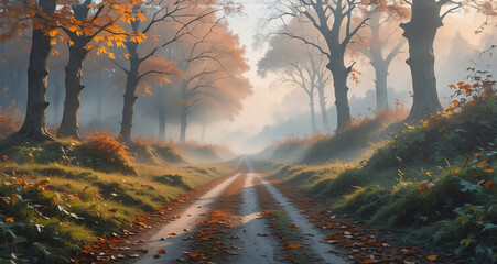 Leinwandbilder - **Description:**

A misty autumn scene showcases a path lined with trees. Sunlight filters through the fog, illuminating the foliage. The road leads into the distance, suggesting a tranquil journey th