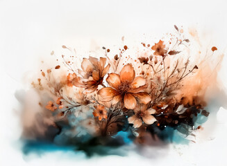Fototapete - Hints: Watercolor, floral, arrangement, warm color.

Watercolor floral arrangement. Warm color palette. Delicate flowers bloom in a soft, artistic display. Hints of teal complement the arrangement.