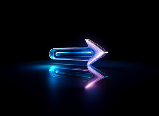 Poster - A glowing, abstract arrow pointing right, reflects on a black surface. The futuristic design utilizes a gradient of blue and purple light, creating a three-dimensional effect. Hints of transparency an