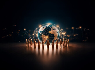 Aufkleber - A ring of people standing before a glowing world, connected by bright networks. Hints suggest global unity, technology, and collaboration in a dark setting.