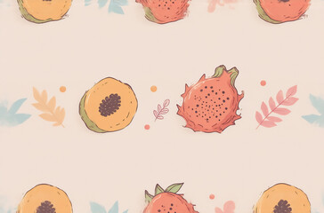 Poster - A charming avatar-style seamless pattern featuring halved papaya and dragon fruit, interspersed with pastel leaves and dots on a light beige background.  The illustration is simple and evokes a summer