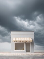 Poster - Minimalist Urban Storefront Adaptive Commercial Real Estate Concept Visualizing Entrepreneurial Potential with Dramatic Moody Sky Backdrop