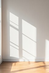 Poster - Minimalist Interior Design Mockup Pristine White Wall with Soft Natural Light and Warm Hardwood Flooring - Contemporary Space Transformation Concept