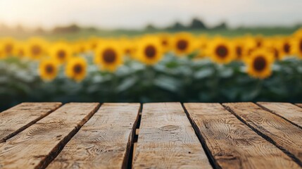 Aufkleber - Wooden table displaying products with sunflower field background