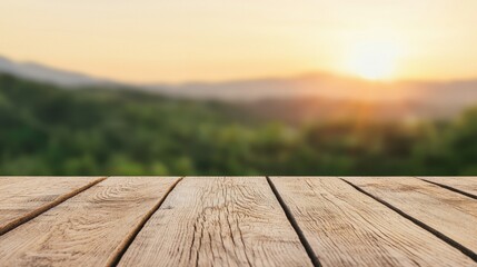 Poster - Wooden platform showcasing a blurred sunrise over lush green hills