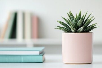 Poster - Pink potted plant and notebooks creating a cozy student dorm room ambiance