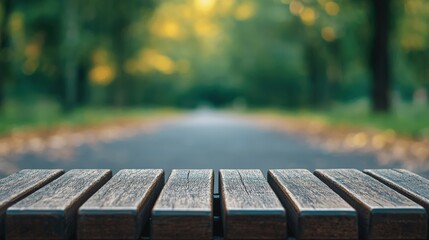 Poster - Empty wooden bench overlooking scenic road in blurred park background