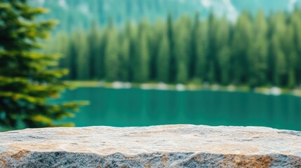 Poster - Empty rock surface showcasing serene lake and pine trees backdrop