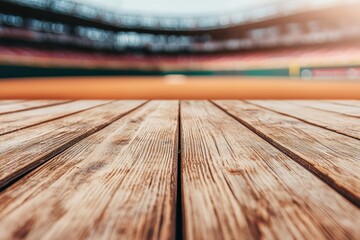 Poster - Empty wooden table overlooking a blurred baseball stadium background
