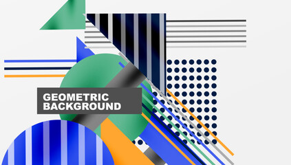 Aufkleber - Abstract geometric composition. Overlapping shapes, lines create dynamic visual effect. Blue, green, orange hues dominate white background. Modern design element.