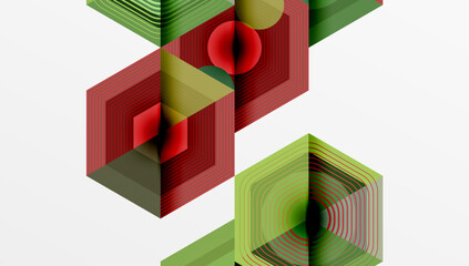 Aufkleber - Abstract geometric composition. Layered cubes, spheres create optical illusion. Red, green, gold hues dominate design. Minimalist aesthetic, clean lines present modern artwork.