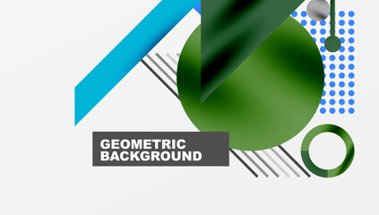 Aufkleber - Abstract geometric composition. Overlapping shapes create modern design. Blue, green hues dominate neutral background. Minimalist aesthetic, clean lines present dynamic visual.