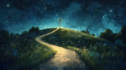 Wall Mural - an artistic depiction of a path leading to a cross on a hill, with guiding lights on either side.
