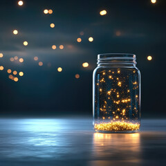 Poster - transparent jar filled with glowing particles, creating magical ambiance. background features soft bokeh lights, enhancing enchanting atmosphere