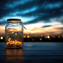 Aufkleber - glowing jar filled with warm lights sits on wooden surface, surrounded by beautiful twilight sky. enchanting scene evokes sense of wonder and tranquility