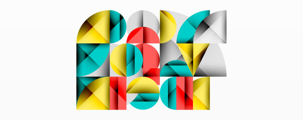 Aufkleber - Abstract geometric composition. Colorful shapescircles, triangles, squaresform letter P. Modern design, clean lines, vibrant palette, minimalist aesthetic.