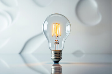 glowing light bulb on glossy surface with smooth abstract background, hyperrealistic style, represen