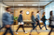 © VideoFlow - Group of business people in motion blur walking by office meeting room with wood panel background, indoor plant, and wall clock. Concept of busy workplace. Ai generative