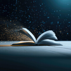 Poster - open book emits magical glow, surrounded by sparkling particles that create enchanting atmosphere. scene evokes sense of wonder and imagination