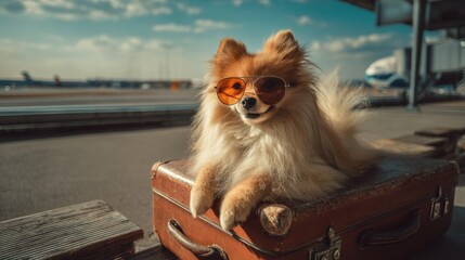  Adorable Pomeranian dog going on vacation standing on suitcase travel and sunglasses in modern airport terminal background,Funny Vacation and Travel,pet-friendly,Tourist journey trip concept.