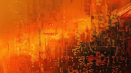 Abstract picture orange particle with digital technology style design with the coding data flow show dynamic movement represent about programming by programmer or problem solve by encryption. AIG53.