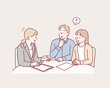 © autumnn - man and woman couple receiving an explanation from a woman in a suit. Hand drawn style vector design illustrations.