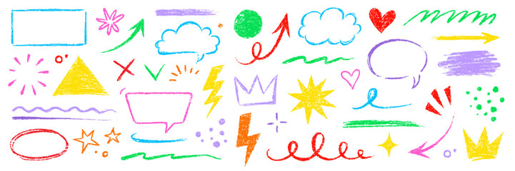 Aufkleber - Kid color pencil hand drawn line element set. Chalk pencil hand drawn doodle sketch texture color kid crayon arrow, heart, cloud shape set. Texture chalk, crayon pencil style. Vector illustration