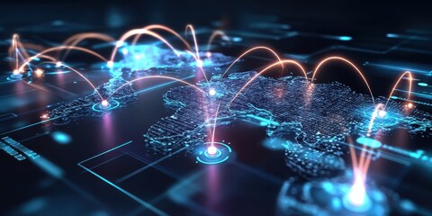 global business connections illustrated by dotted lines and digital points around a world map, showi