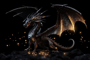 Wall Mural - full body dragon animal black black background.
