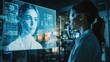 © Dara - A womanâ€™s digital clone projected on a large screen in a high-tech research center, with advanced machinery in the background.