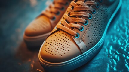 A macro shot of a pair of casual sneakers with a leather finish, illuminated by soft diffused light to highlight their sleek design and smooth texture