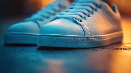 A macro shot of a pair of casual sneakers with a leather finish, illuminated by soft diffused light to highlight their sleek design and smooth texture
