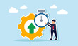 © B Design - Businessman holding a stopwatch beside a gear with an upward arrow, illustration of time required for maintenance