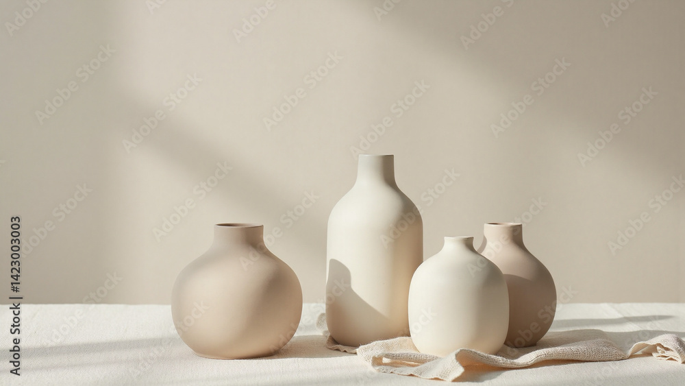 Still life of four ceramic vases in neutral tones on a white linen ...