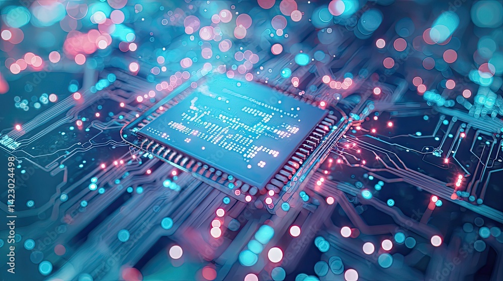 Close-up of semiconductor chip with detailed electronic components and ...