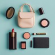 © Filmify - Beauty Essentials: A collection of essential beauty products, including a stylish handbag, mirror, lipstick, blush, and brush, all artfully arranged on a serene background.